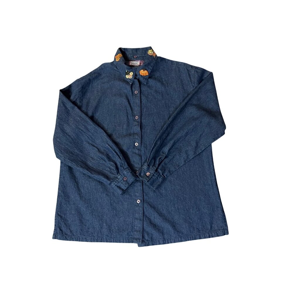 Vintage 90s Premier International Denim Blouse Womens M Removable Collar Pumpkin - Picture 12 of 16